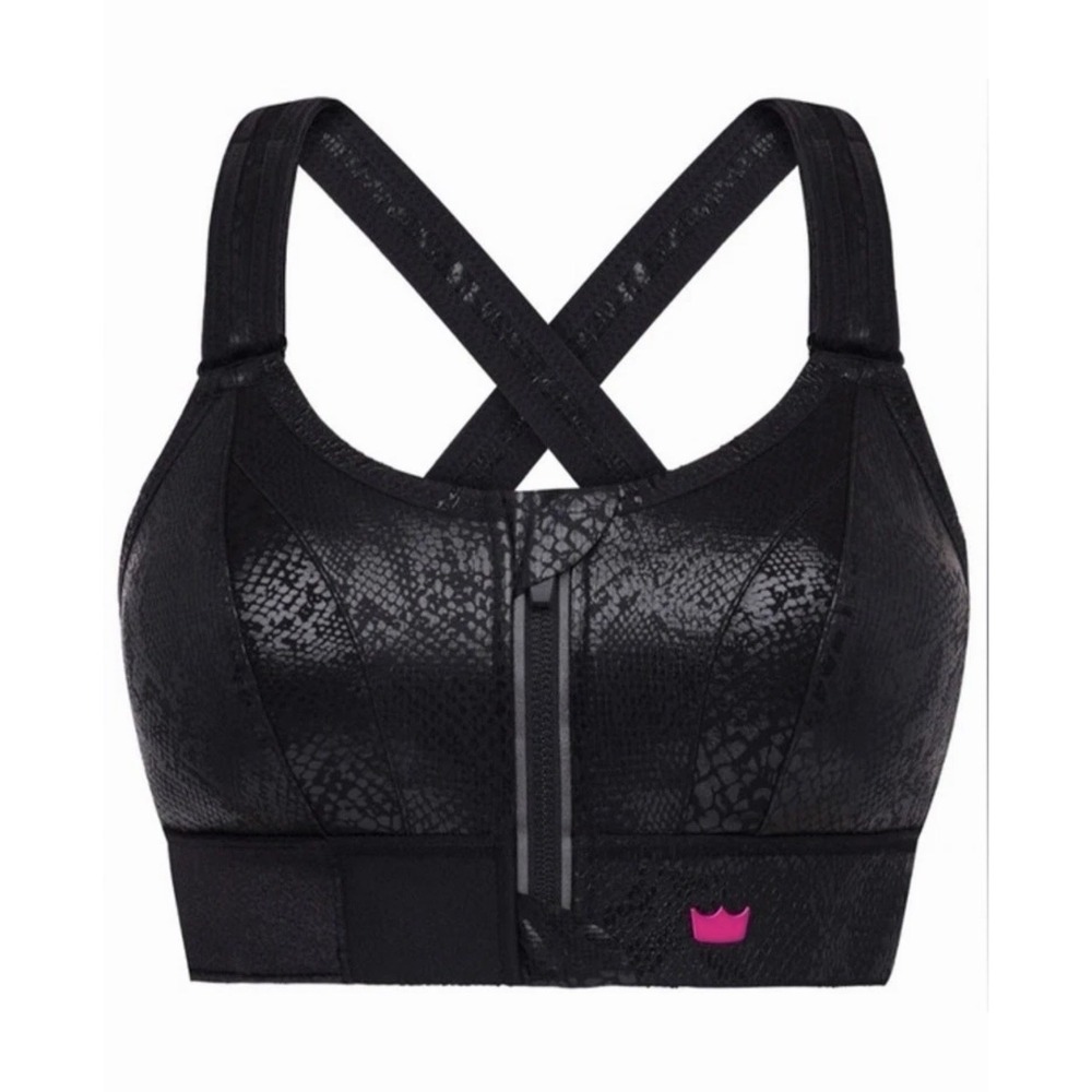 SheFit Ultimate Zip Wireless Sports Bra Sz Luxe Black Snake Print Wet Look